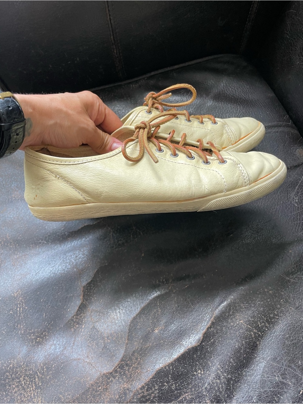 Frye Cream Leather Low-Top Sneakers with Tan Laces